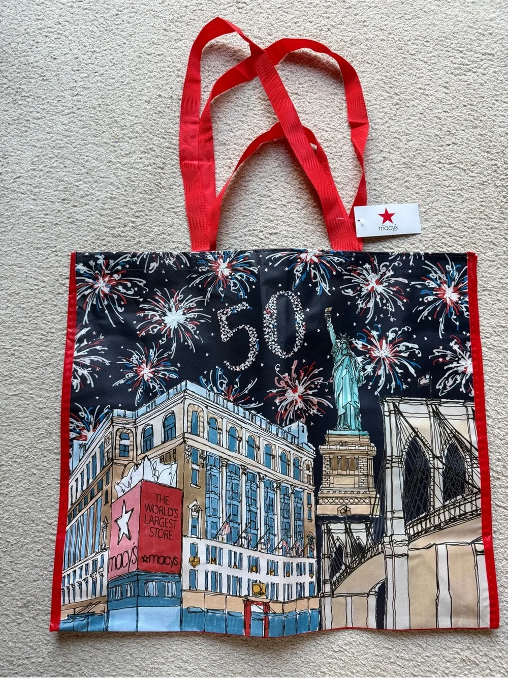 Macy's 50 NYC Fireworks Reusable Tote Bag Statue Liberty Brooklyn Bridge 21x18x7